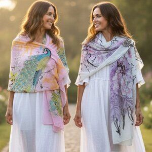 🌸 Pair of Long Pink Peacock and Floral Print Scarves Statement Boho 🎀